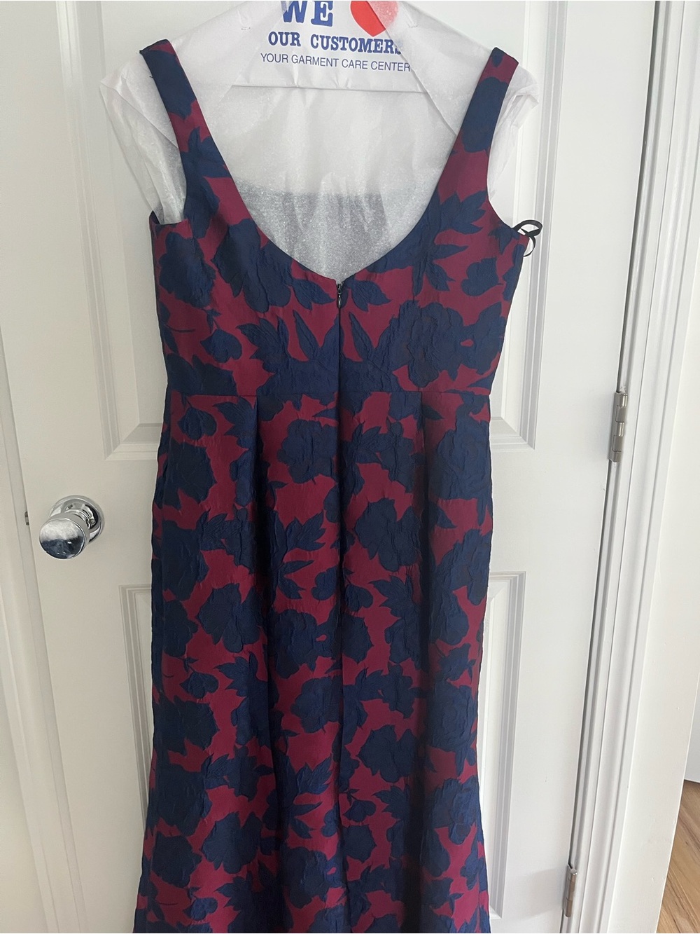Dessy Collection Navy and Burgundy Floral Jacquard Sleeveless Trumpet Gown - Picture 6 of 8